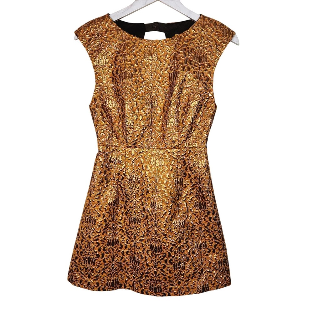 ALICE + OLIVIA Beth Dress Womens XS Gold Floral Jacquard Open Back Mini Cocktail